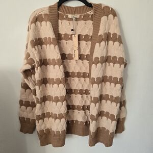 Les Serein Women's Cardigan Size M Cream and Brown Open Front Knit. NWT